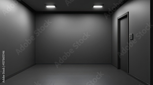 A minimalist black room with a single door, two overhead lights, and a single wall outlet.