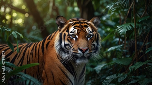 A majestic tiger with piercing blue eyes stares intently from within a dense jungle.