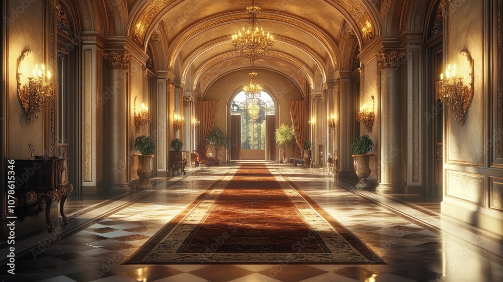 A grand hallway with a red carpet, arched ceiling, and ornate chandeliers in a luxurious mansion. A grand hallway with a red carpet, arched ceiling, and ornate chandeliers in a luxurious mansion.