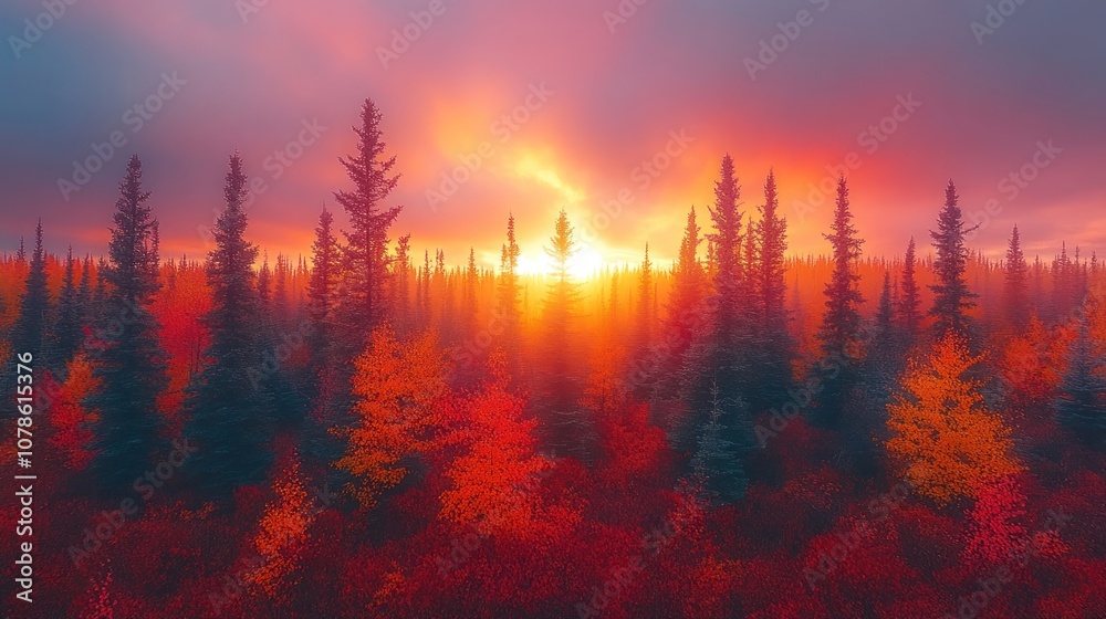 A breathtaking sunset over a lush forest with a red and orange sky and trees.