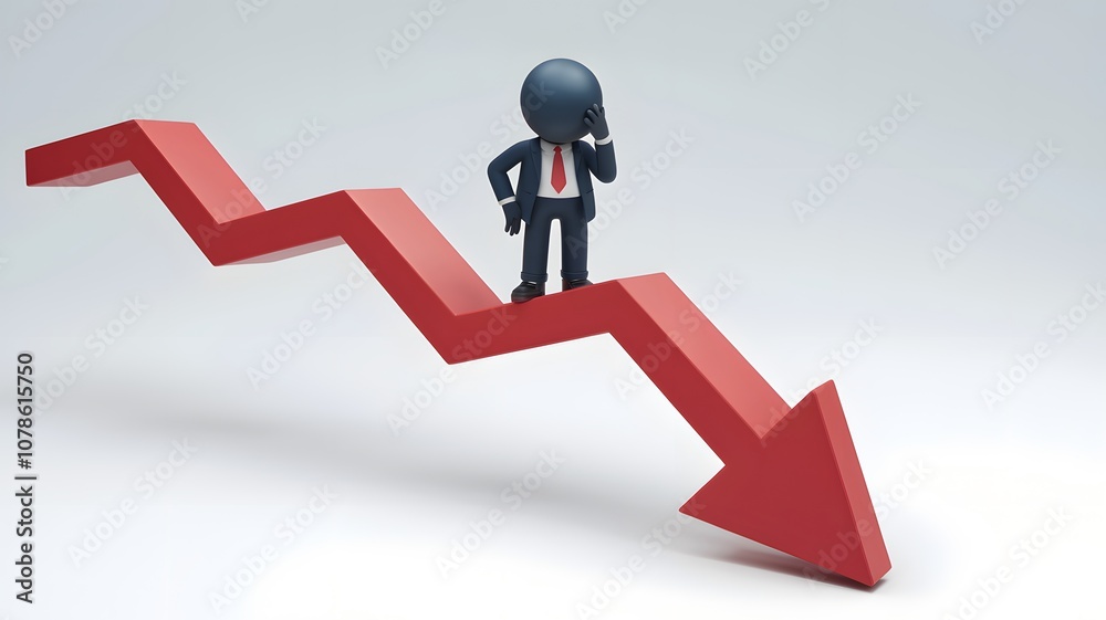 A 3D render of a businessman standing on a downward red arrow, pondering. He is wearing a suit and a tie. The arrow is going down, symbolizing financial decline. The background is white. A 3D render of a businessman standing on a downward red arrow, pondering. He is wearing a suit and a tie. The arrow is going down, symbolizing financial decline. The background is white.