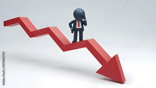 A 3D render of a businessman standing on a downward red arrow, pondering. He is wearing a suit and a tie. The arrow is going down, symbolizing financial decline. The background is white.