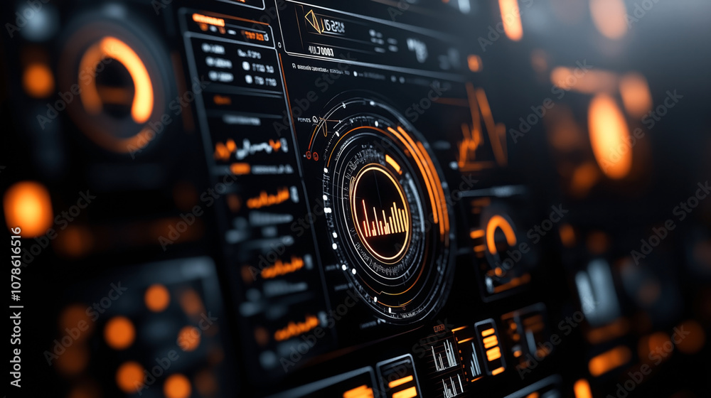 Fototapeta premium Futuristic digital interface with glowing orange and black data visualizations and charts, representing technology and data analysis concepts in a high-tech environment.