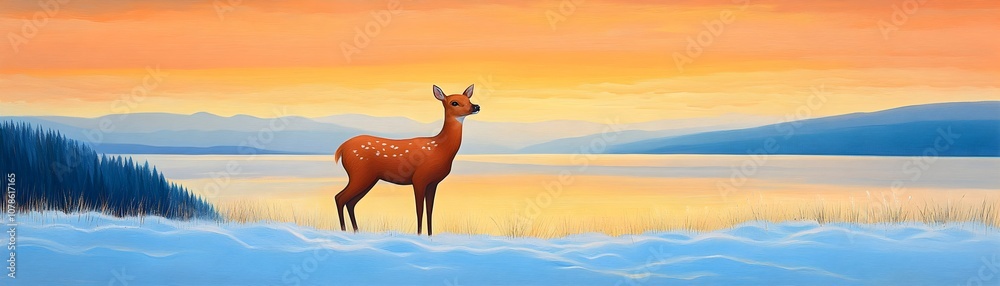Obraz premium Baby Deer on Snow-Dusted Pastel.