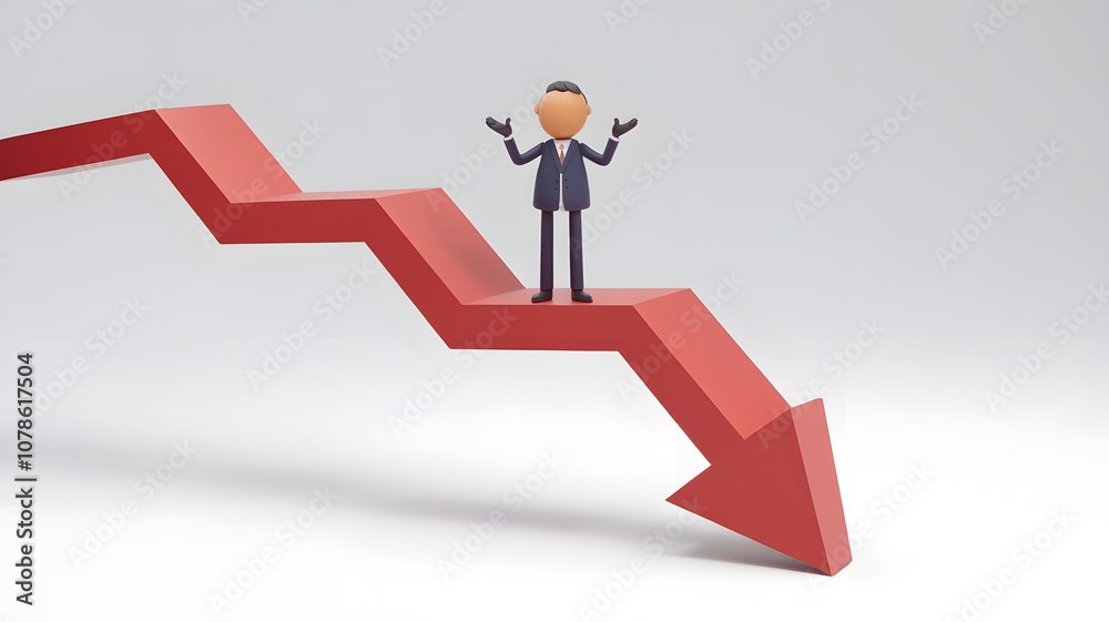 A 3D render of a businessman standing on a downward red arrow, pondering. He is wearing a suit and a tie. The arrow is going down, symbolizing financial decline. The background is white. A 3D render of a businessman standing on a downward red arrow, pondering. He is wearing a suit and a tie. The arrow is going down, symbolizing financial decline. The background is white.