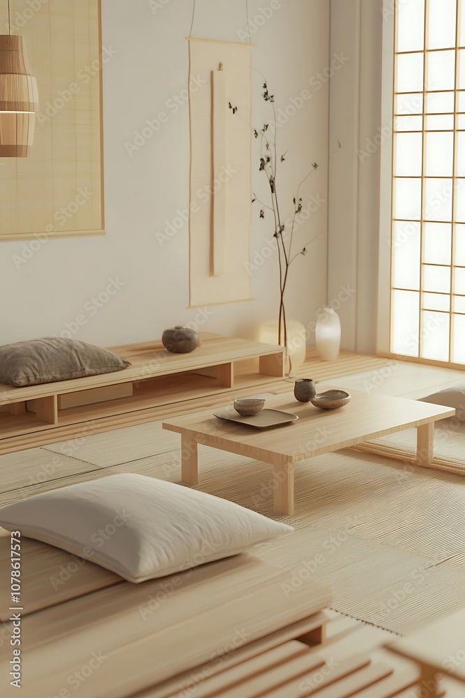 Fototapeta premium Minimalist Japanese-style Living Room with a Wooden Coffee Table and Tatami Mat Flooring