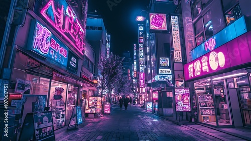 Anime-inspired street view with neon signs, futuristic buildings, and night lights