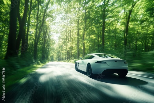 Sleek Car Driving Through Lush Green Forest