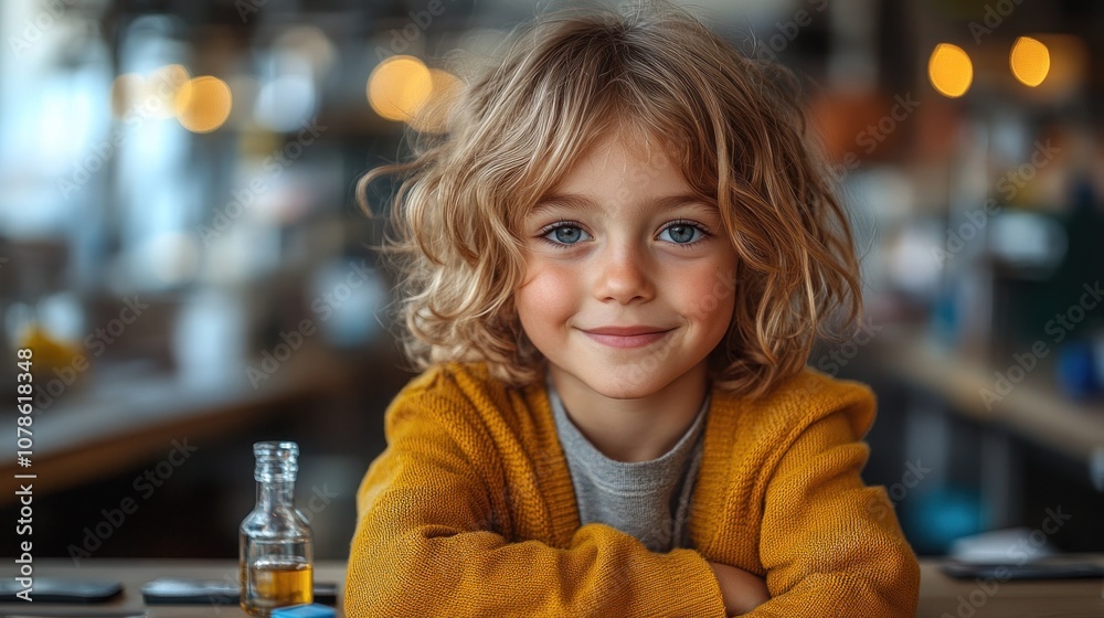Cute Little Girl with Blondy Hair Smiling in Cafe Cute Little Girl with Blondy Hair Smiling in Cafe