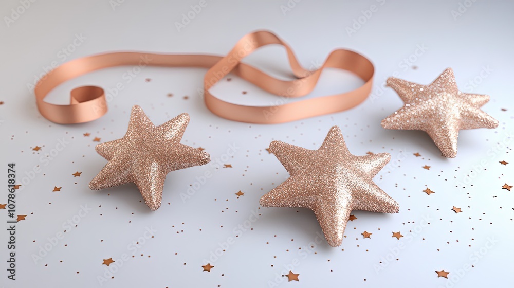 Christmas-themed 3D objects like stars and ribbons gently scattered on a white surface. Christmas-themed 3D objects like stars and ribbons gently scattered on a white surface.