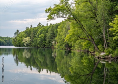 Tranquil Tree-Lined Shore at Crawford Lake Conservation Area, Milton, Ontario, Showcasing Nature's Beauty and Serenity Along the Water's Edge photo