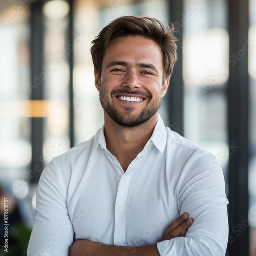 A joyful man confidently stands with arms crossed, smiling warmly in a professional looking setting and natural light.