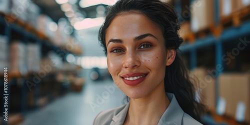 Confident woman smiling in an office setting related to logistics and distribution for a fashion startup. Portrait of a pleased designer or customer involved in e-commerce or retail