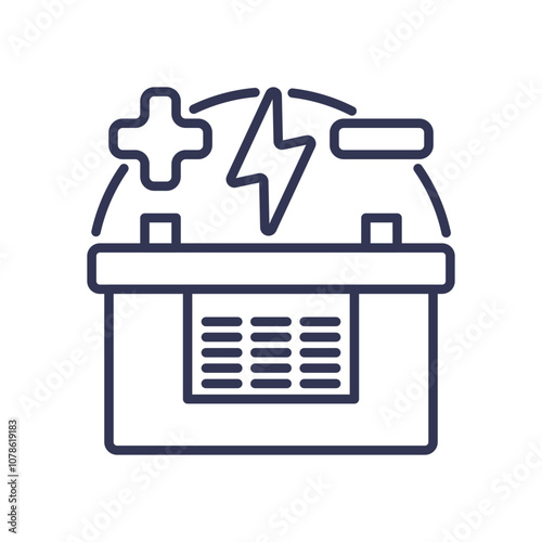 Illustration of a car battery with electrical symbols, representing power and energy storage.