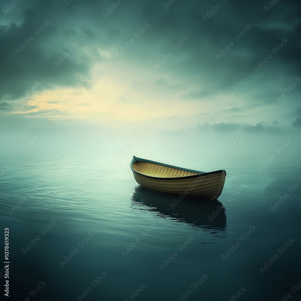 A single boat floats in a mist-covered lake under a dramatic sky, creating a mystical, serene atmosphere.