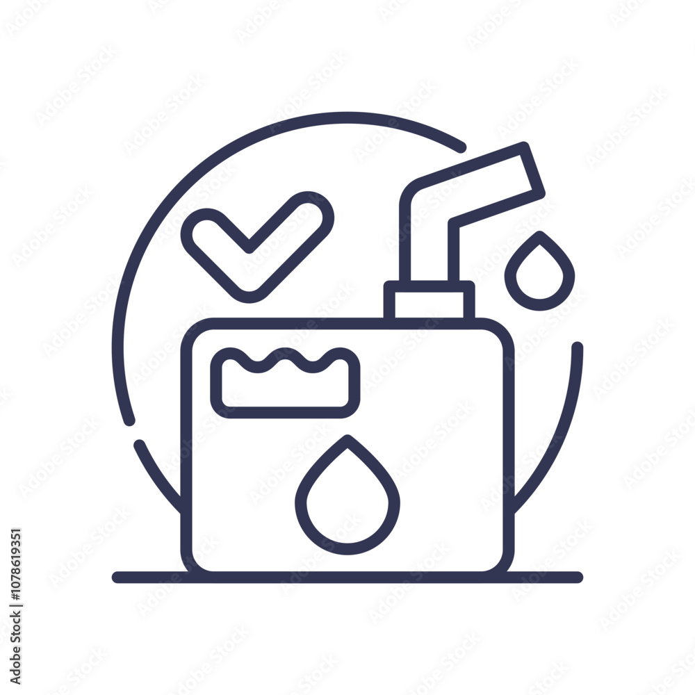 Oil can with droplet and checkmark symbolizes effective lubrication management. Oil can with droplet and checkmark symbolizes effective lubrication management.