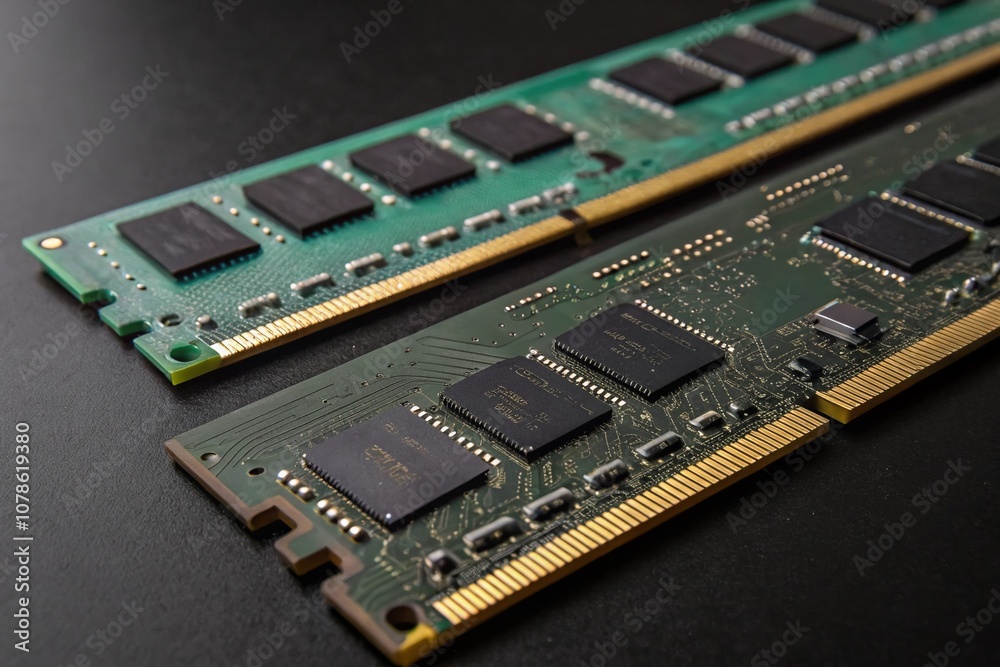 Two Computer Memory Modules on a Black Background Showcasing Modern Technology and Innovation in Data Storage Solutions Two Computer Memory Modules on a Black Background Showcasing Modern Technology and Innovation in Data Storage Solutions