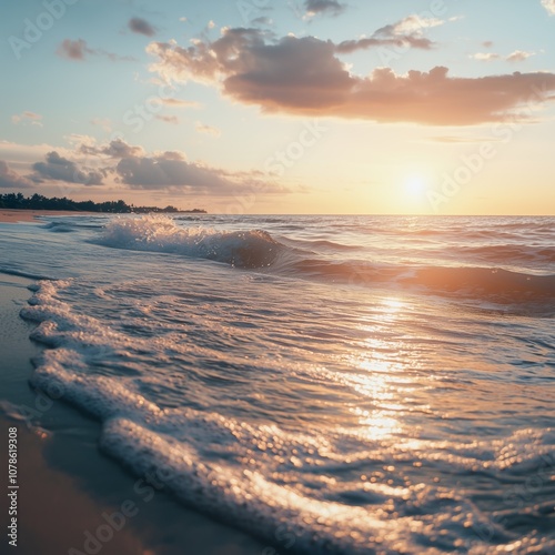 A beautiful beachfront with a sunset over the calming waves reflecting the soft light in tranquil colors. photo