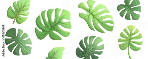 A vibrant collection of fresh green monstera leaves, perfect for botanical art, nature-themed projects, and tropical design concepts.