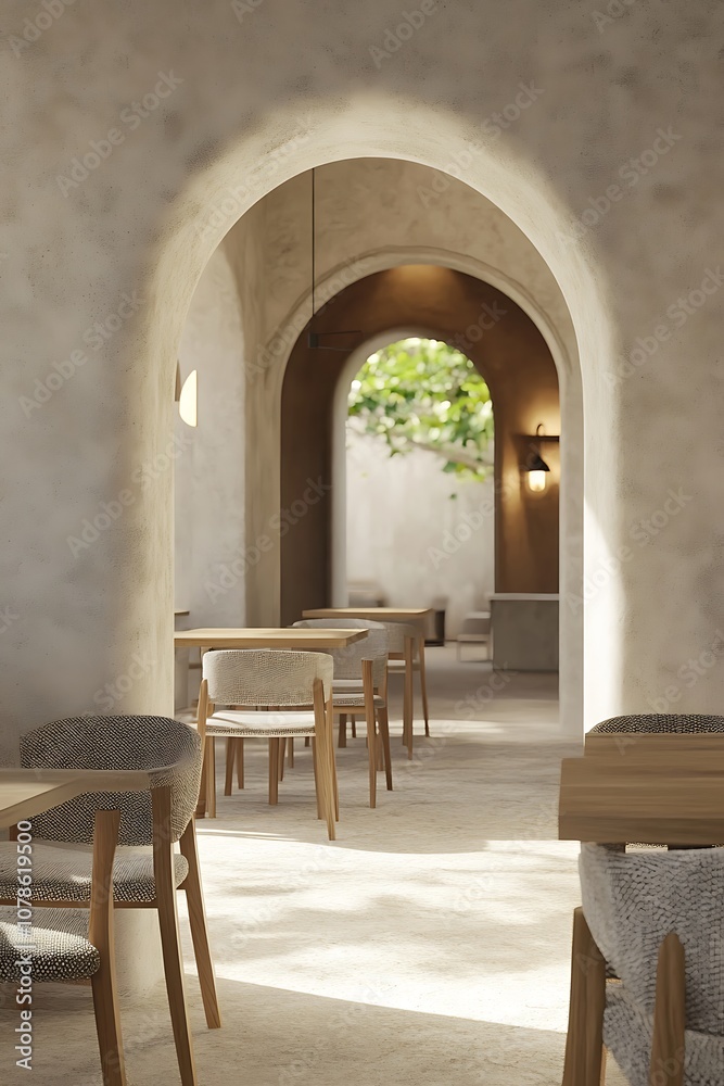 Arched Passageway Leading to Outdoor Patio with Chairs and Tables Arched Passageway Leading to Outdoor Patio with Chairs and Tables