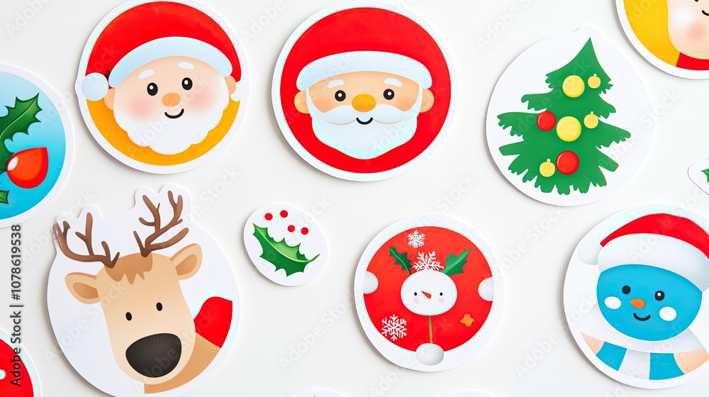 Colorful Christmas stickers including Santa, reindeer, and holly, neatly placed on a white background. Colorful Christmas stickers including Santa, reindeer, and holly, neatly placed on a white background.