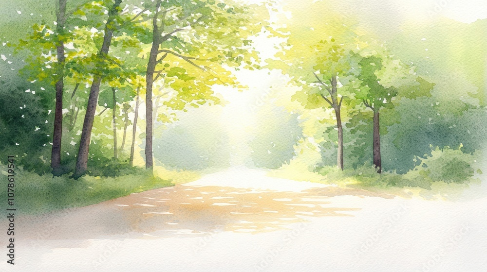 Obraz premium A tranquil forest pathway illuminated by soft sunlight, showcasing vibrant greenery and a serene atmosphere, perfect for nature-themed projects.