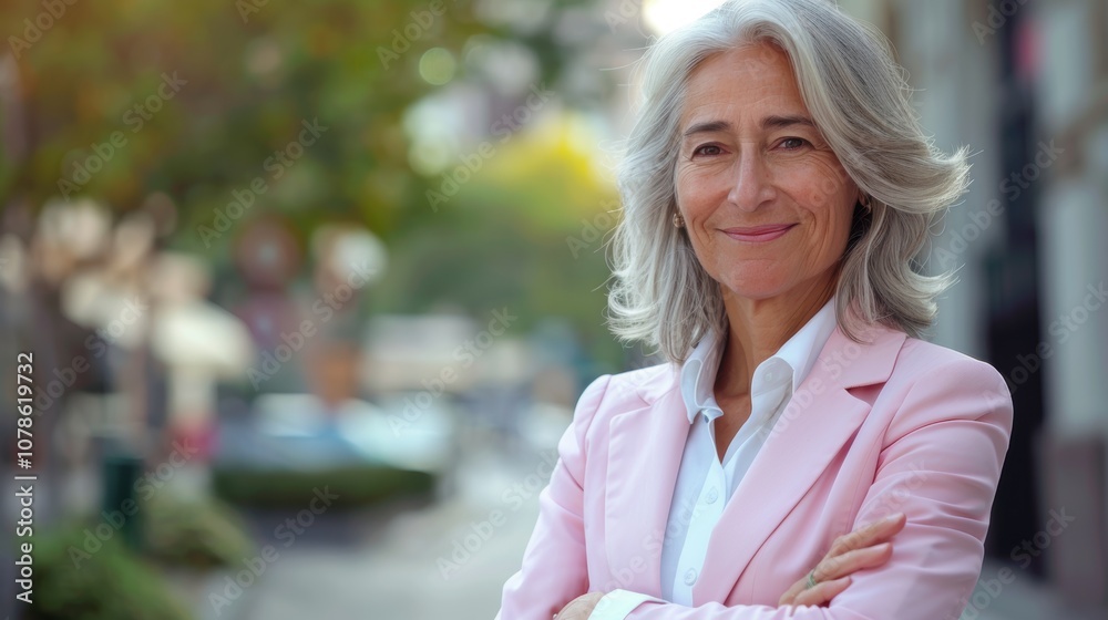 Portrait of a confident businesswoman with crossed arms, smiling in an urban setting, embodying executive leadership and professional goals Portrait of a confident businesswoman with crossed arms, smiling in an urban setting, embodying executive leadership and professional goals