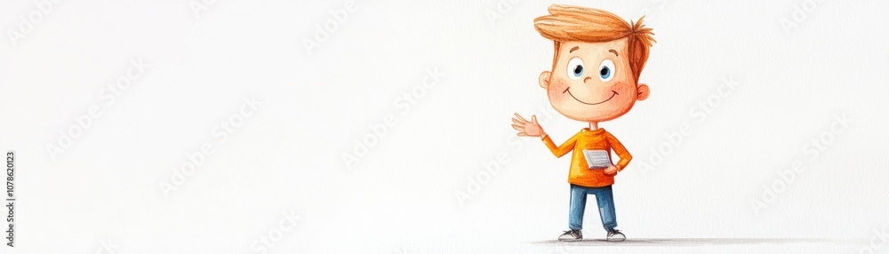 Cheerful cartoon boy in an orange sweater holding a tablet, smiling and waving. Ideal for children's education, technology, and creativity themes. Cheerful cartoon boy in an orange sweater holding a tablet, smiling and waving. Ideal for children's education, technology, and creativity themes.