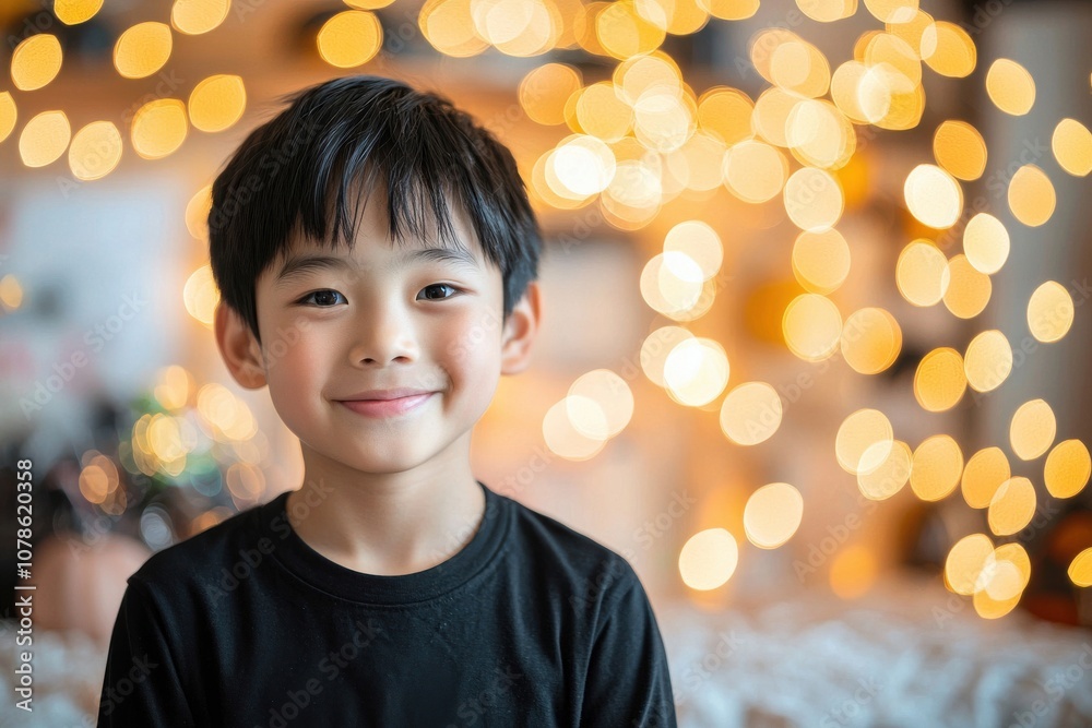 Cheerful young boy smiling in front of warm, glowing bokeh lights, creating a joyful and festive atmosphere perfect for family-themed projects. Cheerful young boy smiling in front of warm, glowing bokeh lights, creating a joyful and festive atmosphere perfect for family-themed projects.