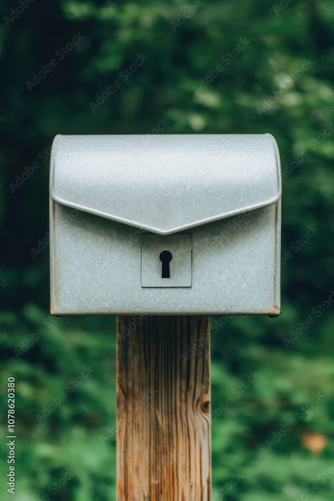 A modern silver mailbox perched on a wooden post surrounded by greenery, perfect for a serene mailing scene or a home exterior. A modern silver mailbox perched on a wooden post surrounded by greenery, perfect for a serene mailing scene or a home exterior.