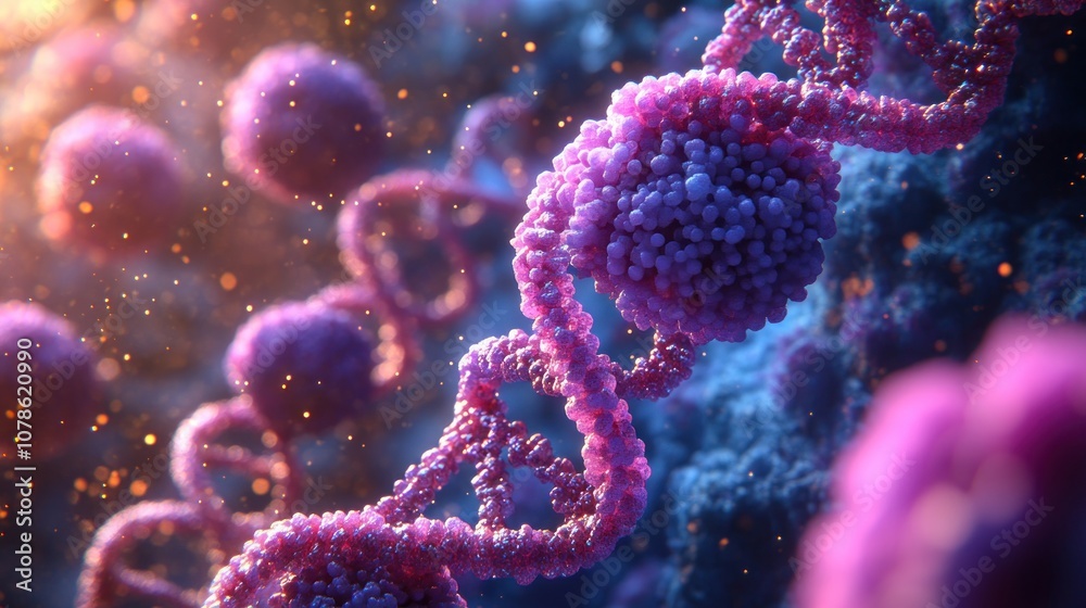 A close-up of a DNA strand with virus particles. A close-up of a DNA strand with virus particles.