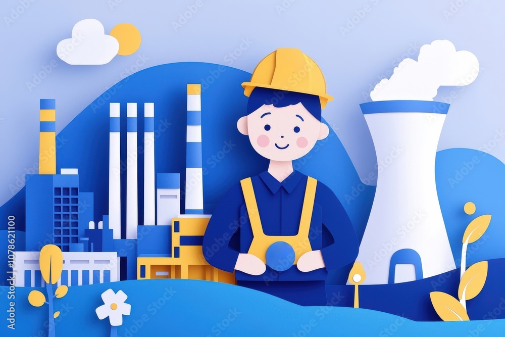 A cheerful worker in uniform stands in front of a colorful industrial landscape, showcasing factories and emission stacks in a playful paper-cut style. A cheerful worker in uniform stands in front of a colorful industrial landscape, showcasing factories and emission stacks in a playful paper-cut style.