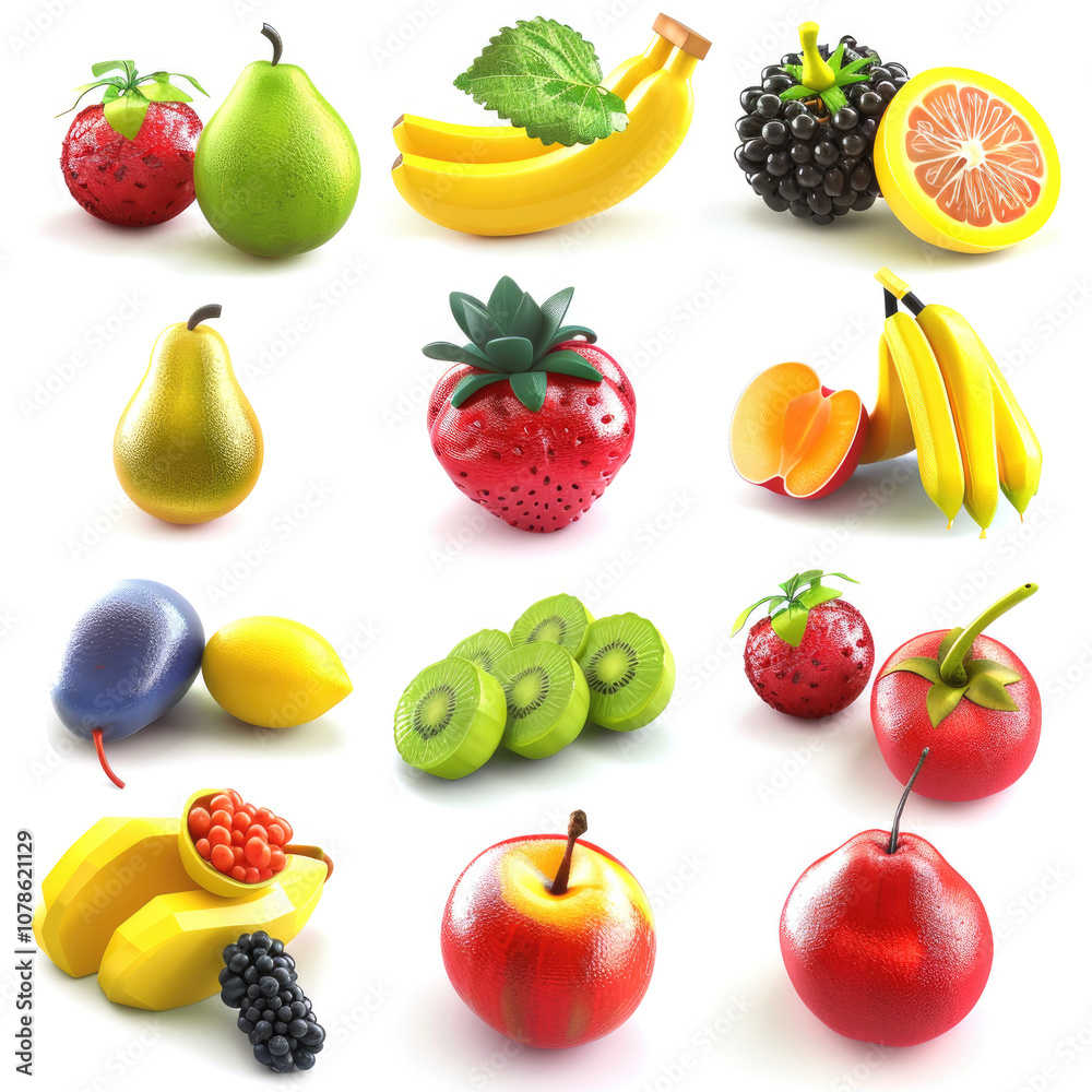 Glossy 3D Fruits Collection: Vibrant and Realistic Citrus, Berries, and More