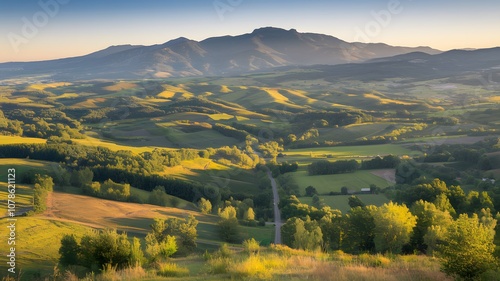 A photo of Panoramic landscape of central Russia agricultural countryside with hills and country road. Summer landscape of the Samara valleys. Russian countryside. High resolution file for large forma