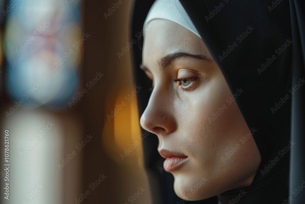 Generative AI Image of a Nun Praying in Church with Sunlight Streaming Through Stained Glass Generative AI Image of a Nun Praying in Church with Sunlight Streaming Through Stained Glass