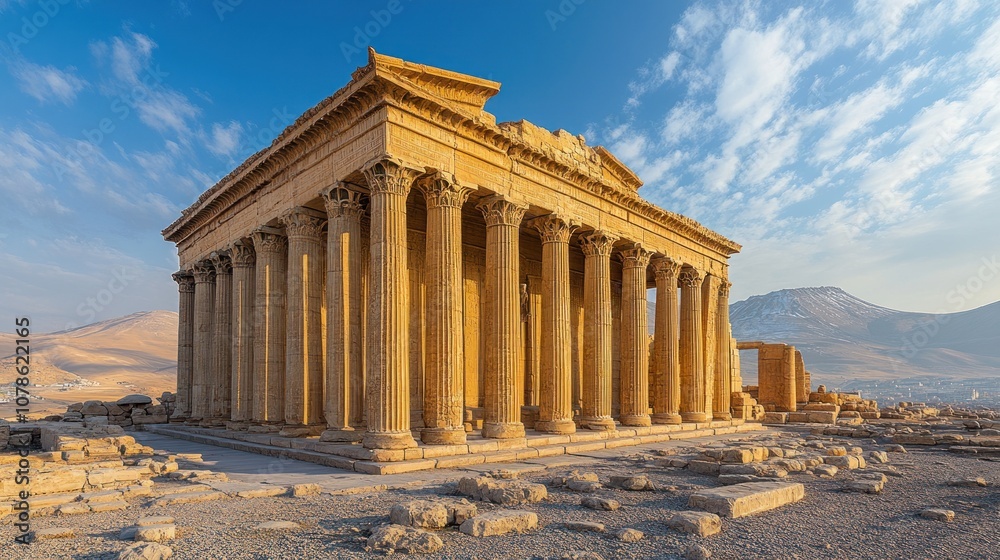 Fototapeta premium Ancient temple with columns set against a scenic backdrop.