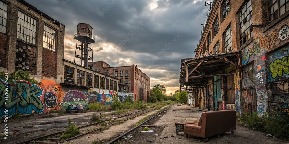 Fototapeta premium Urban Exploration Photography Capturing the Edgy Aesthetics of Punk Culture in Abandoned Spaces with Gritty Textures, Graffiti Art, and Distressed Urban Landscapes