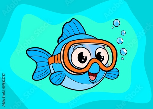 Blue fish under water. Cartoon fish on a blue background. A fish in a diver's mask.
