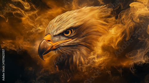 Eagle head with intense gaze and golden feathers, surrounded by swirling smoke in Japanese tattoo art on a dark canvas photo