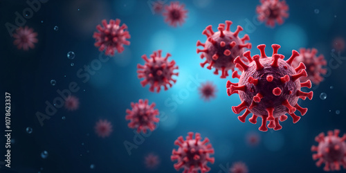 This macro shot gives a detailed view of a red virus particle, visually capturing its defining features, including the spiky projections on its surface, against a blurred background. photo