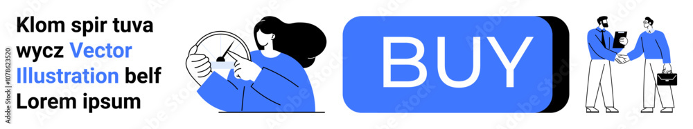 Large BUY button, a person holding a tablet, two people shaking hands, and sample text. Ideal for e-commerce, online transactions, user interface, business deals, digital marketing, shopping Large BUY button, a person holding a tablet, two people shaking hands, and sample text. Ideal for e-commerce, online transactions, user interface, business deals, digital marketing, shopping