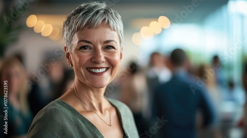 Beautiful senior woman smiling, with short hair and a casual outfit, in a crowd.