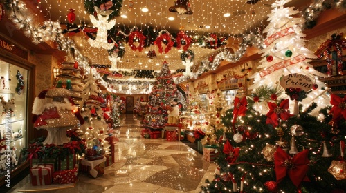 The beautifully decorated Christmas shop is dotted with lights and decorations. The shop is filled with Christmas trees, gifts, snowmen, wreaths, garlands and other holiday items