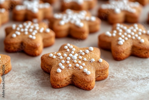 Star shaped gingerbread cookies with white icing on a rustic wooden surface capturing the warmth and tradition of holiday baking in a festive home setting