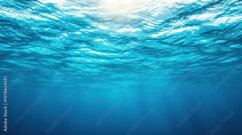 A serene underwater scene showcasing vibrant blue water with gentle waves and sunlight penetrating the surface, creating a tranquil atmosphere. A serene underwater scene showcasing vibrant blue water with gentle waves and sunlight penetrating the surface, creating a tranquil atmosphere.