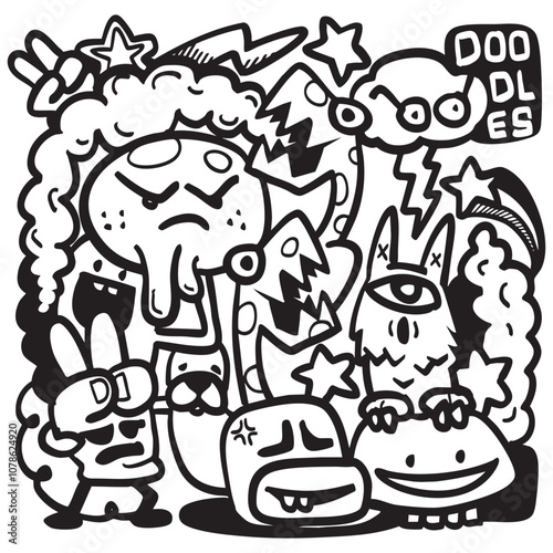 playful black and white doodle illustration featuring quirky characters, stars, and abstract shapes, creating whimsical and energetic scene