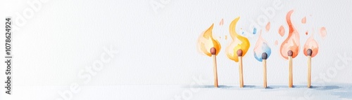 Colorful watercolor illustration of matches with flames, symbolizing creativity and inspiration against a light background.