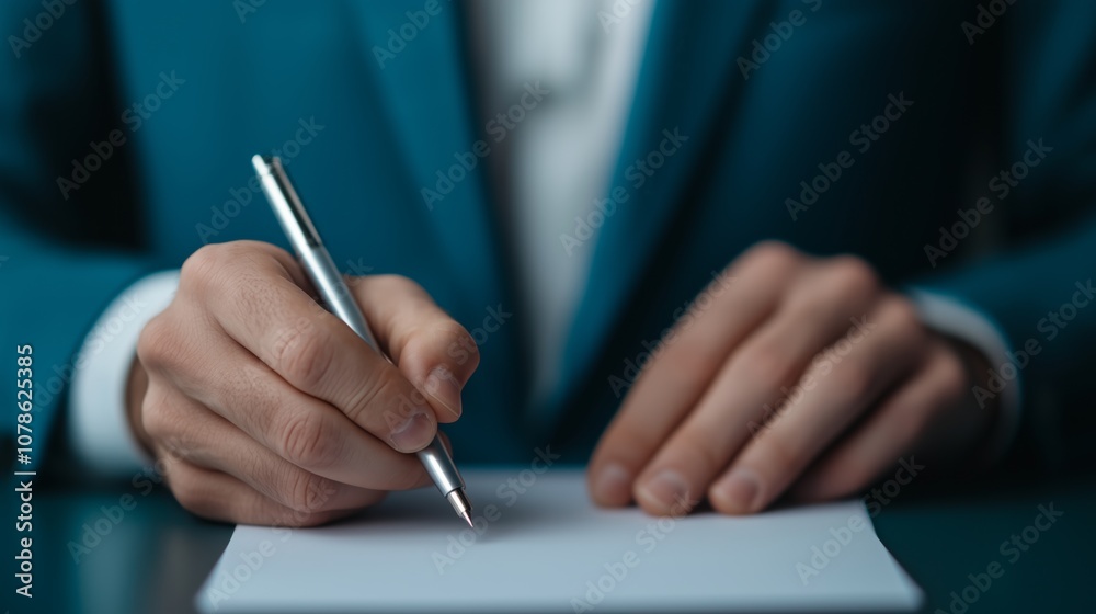 Closeup of Hand Writing with Pen on White Paper