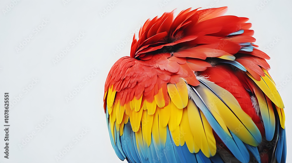 Fototapeta premium Dynamic Macaw Bird Showcased with Multi-Colored Feathers Against a Solid White Background for Cheerful Wallpapers