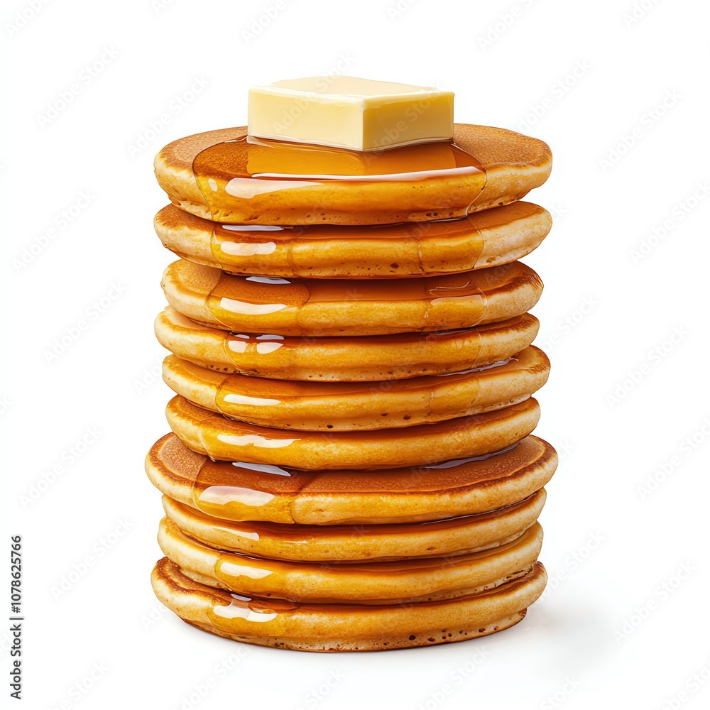 A stack of fluffy pancakes topped with butter and drizzled with syrup. A stack of fluffy pancakes topped with butter and drizzled with syrup.